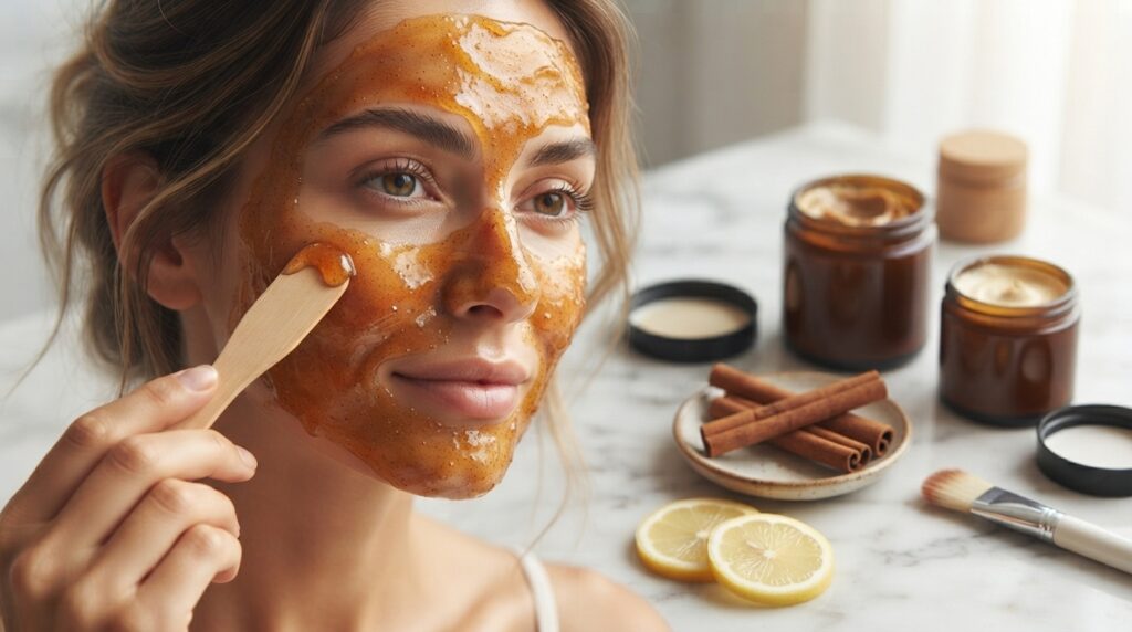 Woman applying a honey and cinnamon face mask for natural skincare