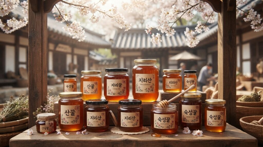 Korean market stall selling authentic honey jars under cherry blossoms