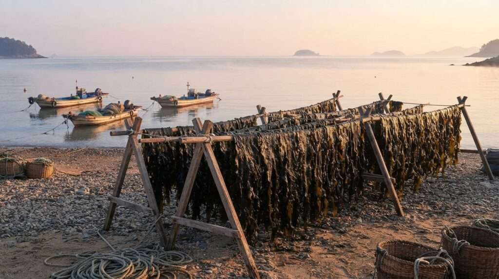 Traditional Korean seaweed harvesting scene with drying racks by the coast