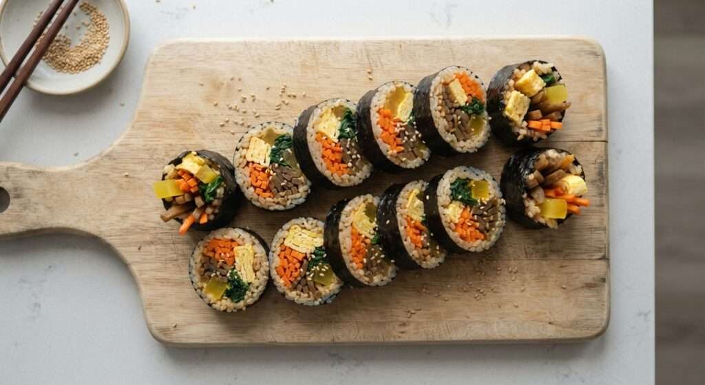 Colorful kimbap rolls with nori and fresh vegetable fillings