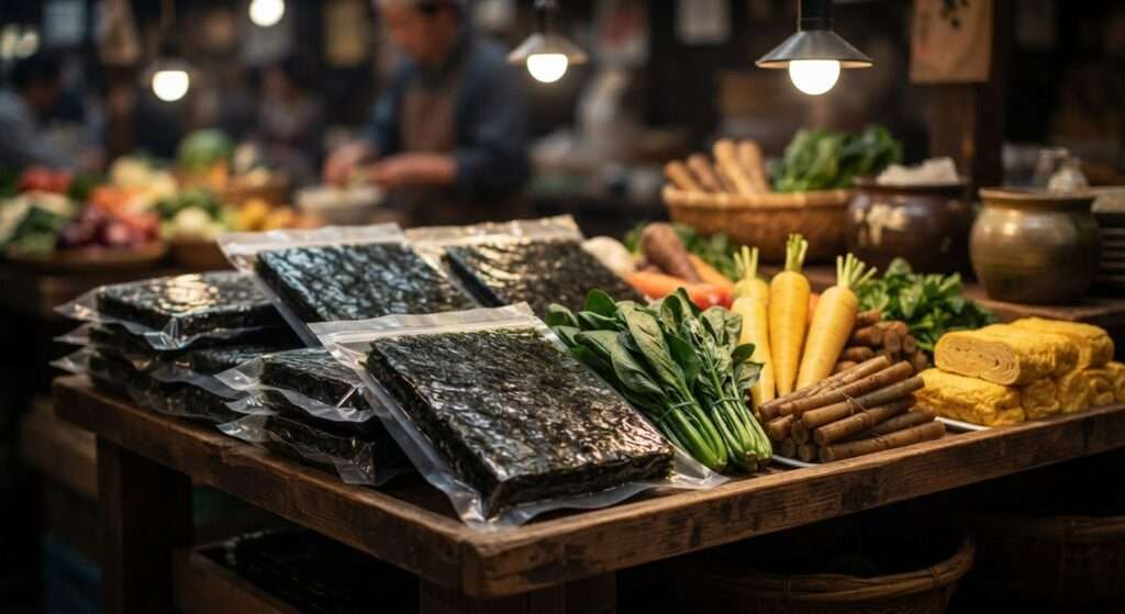 Market stall display of packaged seaweed and fresh produce