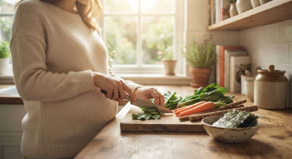 Pregnant woman preparing a healthy meal in a bright kitchen
