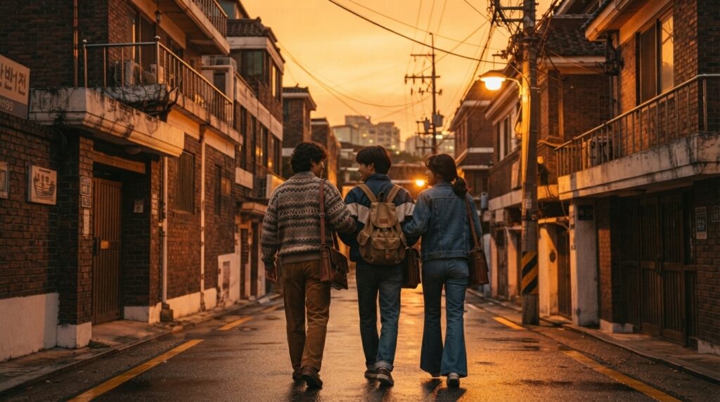 1980s Seoul street with young students at sunset