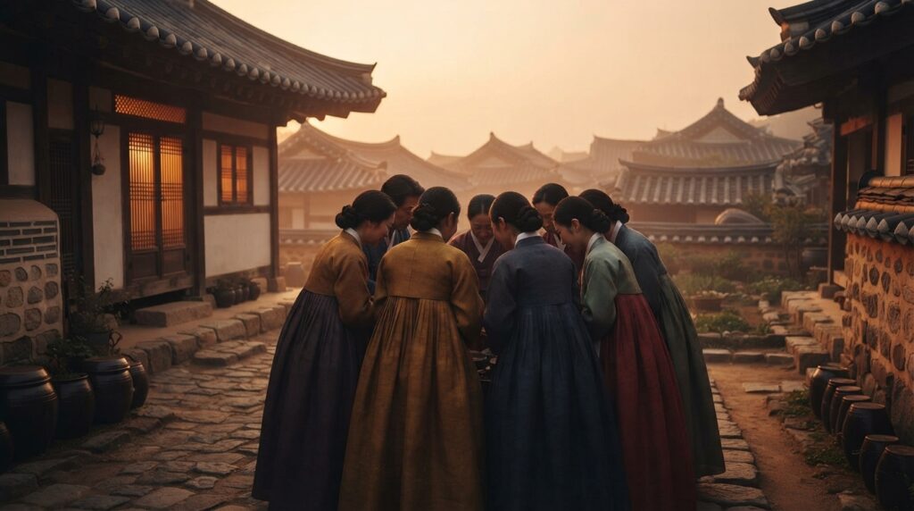 Traditional Korean village scene symbolizing han and jeong
