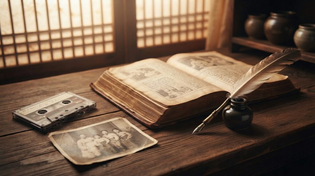 Open book and 1980s Korean items symbolizing Shin's literary style