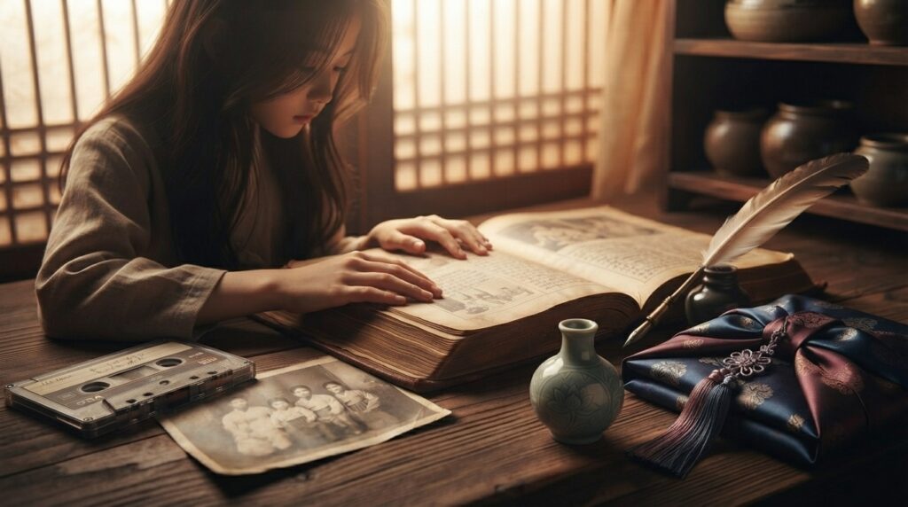 Young reader with Korean cultural artifacts in the background