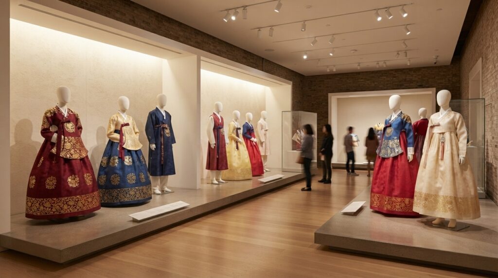 Visitors viewing hanbok displays at the Korean Cultural Center