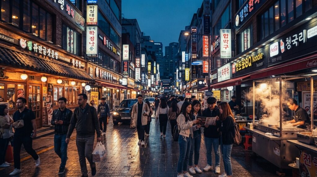 Vibrant street view of NYC Koreatown with dining and shops