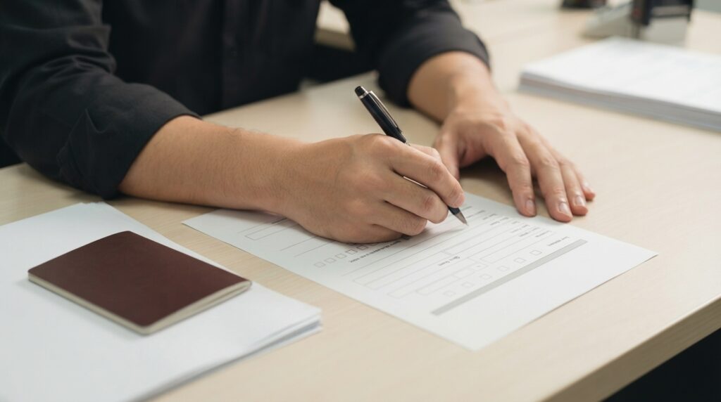 Person filling out visa application forms at Korean Consulate