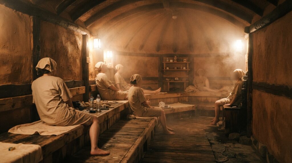 Warm jjimjilbang sauna interior showing traditional Korean bathhouse relaxation