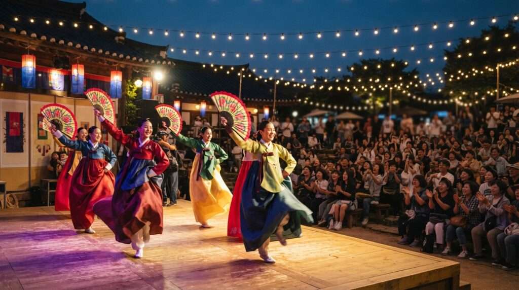 Attendees in hanbok watching a traditional dance performance at a festival