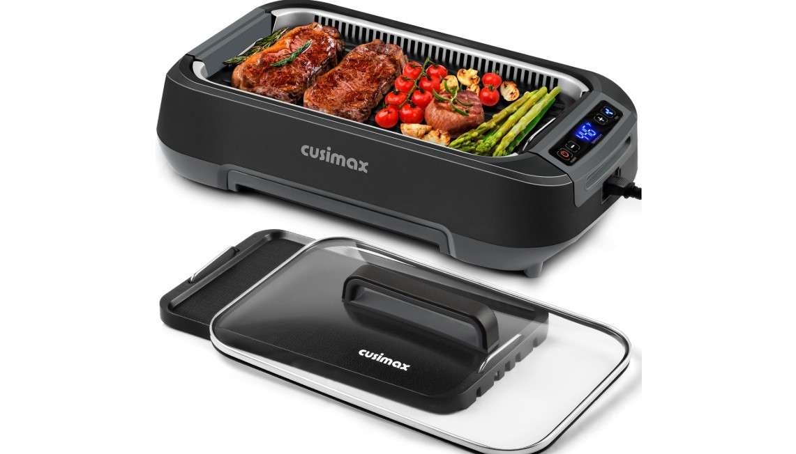 Indoor Grill CUSIMAX Electric Smokeless Grill Portable Korean BBQ Grill with Turbo Smoke Extractor Technology, Non-stick Removable Plate, Tempered Glass Lid, Great for Party(Single Plate)
