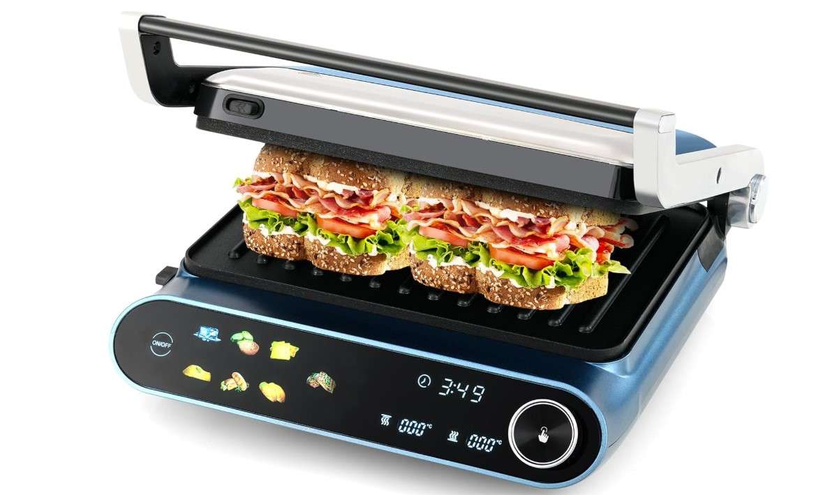 Happygrill 3 in 1 Panini Press Electric Indoor Grill & Sandwich Maker,1200W Open Flat Griddle w/ 2 Removable Non-Stick Dishwasher-Safe Plates,LED Display,7 Modes,Independent Temp Control & Drip Tray
