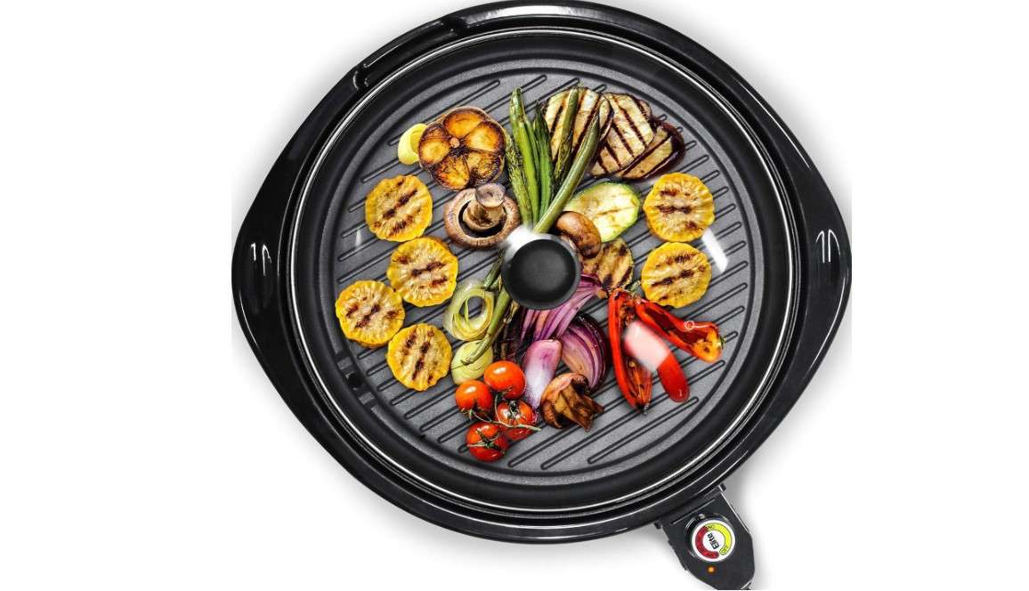 Elite Gourmet EMG-980B Smokeless Electric Tabletop Grill Nonstick, 6-Serving, Dishwasher Safe Removable Grilling Plate, Grill Indoor, Tempered Glass Lid, Adjustable Temperature, 14" Black
