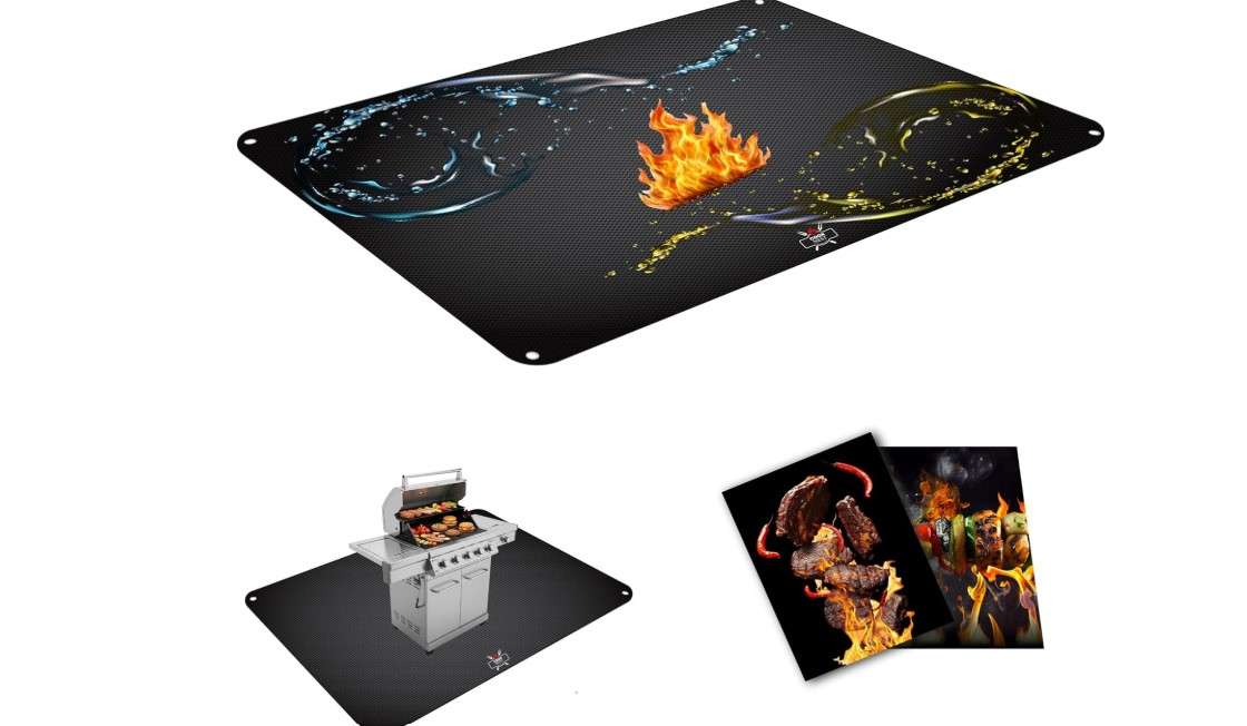 Grill Mat Set – 60"x40" Under Grill Mat for Outdoor Grill + 2 BBQ Cooking Mats, Heat-Resistant Silicone, Includes Stakes & Bag – Use on All Surfaces
