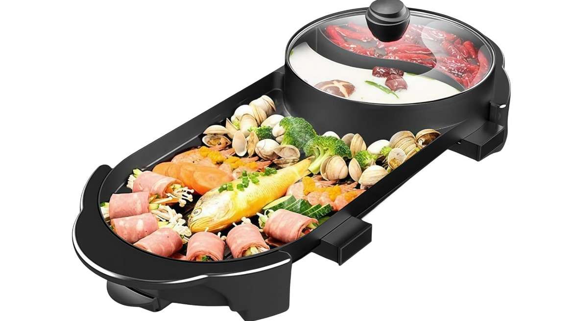 SEAAN Hot Pot with Grill, Korean BBQ Grill Indoor Hotpot Pot Electric Combo, Shabu Shabu Pot with Divider KBBQ Grill Smokeless Non-stick Separate Dual Temperature Control, for 2-12 People, 110V
