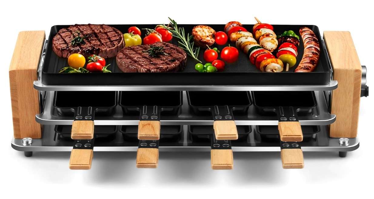 CUSIMAX Electric Grill Raclette Table Grill, 2 in 1 Indoor Grill with Non-Stick Grill & Griddle Plate, Raclette Grill with Wooden frame, 8 Cheese Pans & Wooden Spatulas, Three-Layer Korean BBQ Grill
