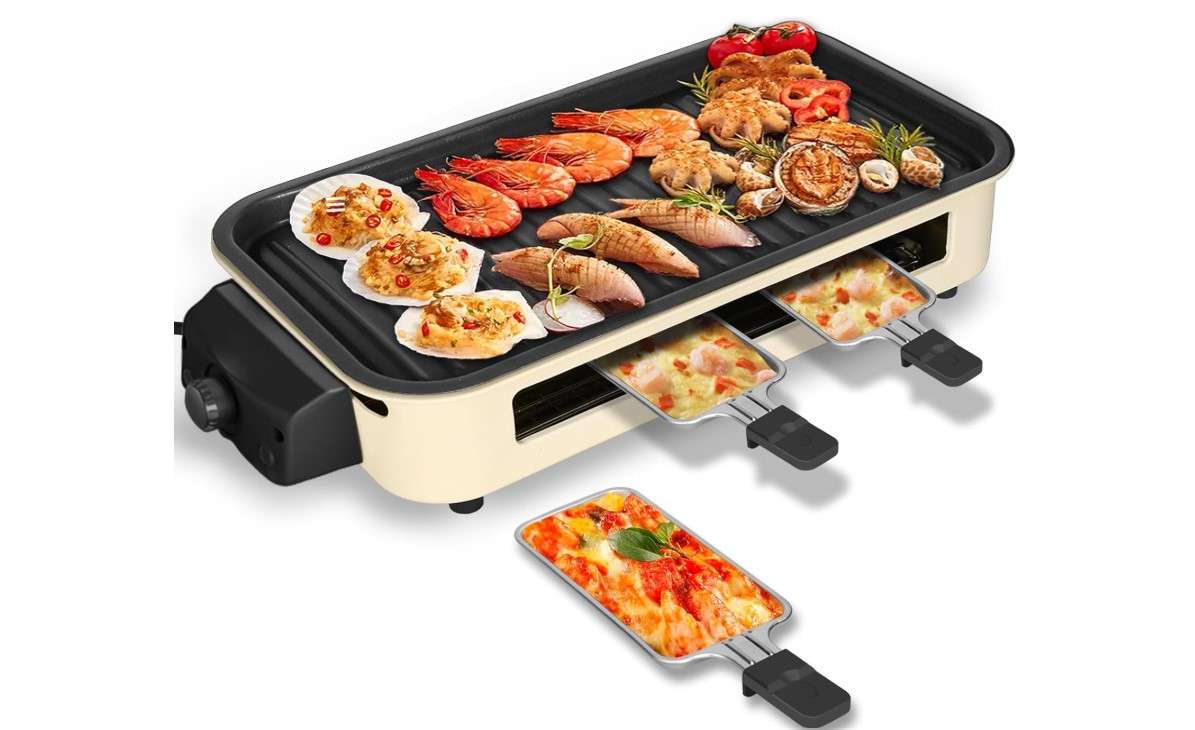 Electric Indoor Grill 1500W, YOHAWJAN 2 in 1 Smokeless Indoor Grills with Non-stick Removable Grill & Griddle Plate, Temperature Control, Portable Korean BBQ Grill with 3 Raclette Cheese Pans
