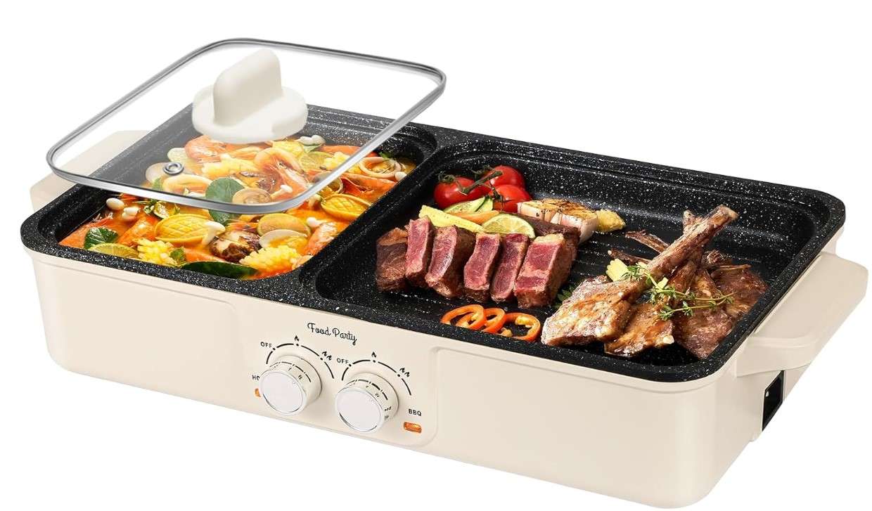 Food Party Hot Pot Electric Grill 2 in 1 Korean BBQ Grill Indoor Smokeless Hotpot Pot Electric Cooker Sahabu Shabu Pot Non Stick (Large)