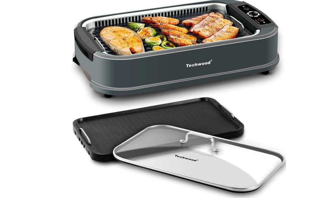 Techwood Indoor Grill Smokeless Grill, 1500W Indoor Korean BBQ Electric Tabletop Grill with Tempered Glass Lid, Removable Grill and Griddle Plates with Drip Tray, Gray
