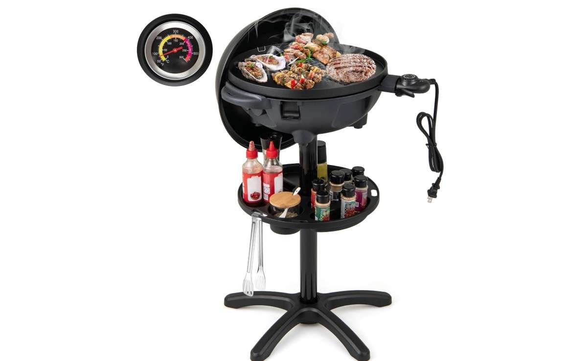 Giantex Electric Grill Outdoor, 1200W Electric BBQ Grills Outdoor Cooking with Lid & Thermometer, Nonstick Griddle, Drip Tray, 2-in-1 Freestanding & Tabletop Grill for Apartments Backyard Party
