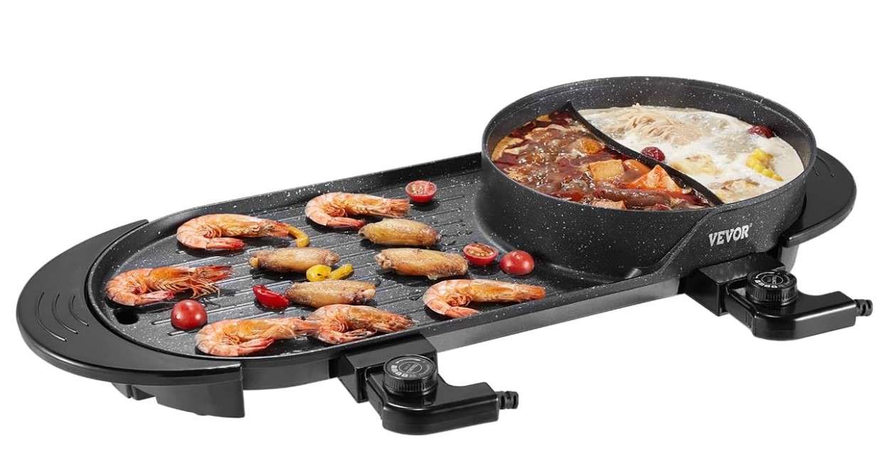 VEVOR Hot Pot with Grill, 2200W 2-in-1 Electric Smokeless Grill and Hot Pot, Korean BBQ Shabu Shabu Hotpot with Separate Dual Temperature Control, Non-stick Pan, for 1-6 People Family Dinning 