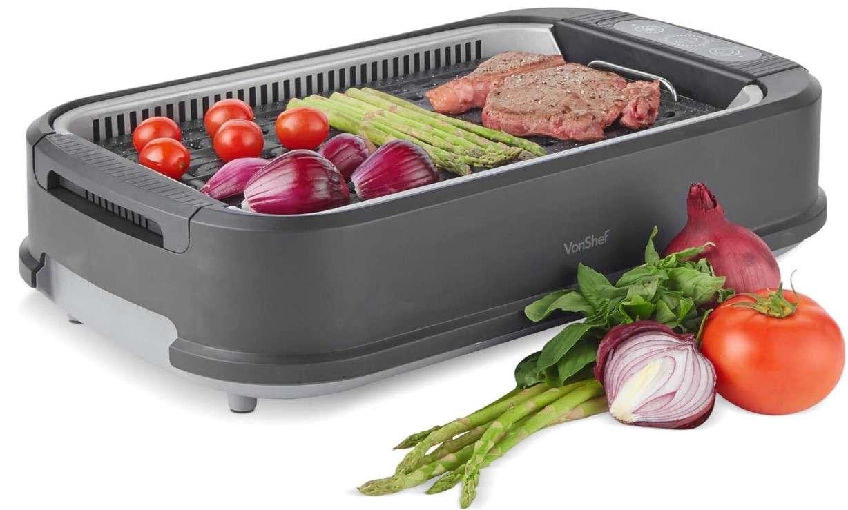 VonShef Smokeless Grill BBQ Electric 1500W - Portable, Healthy Indoor & Outdoor Barbecue, Smoke Extraction Fan, Adjustable Temperature Control, Easy Clean Non Stick Removable Ceramic Plate & Drip Tray
