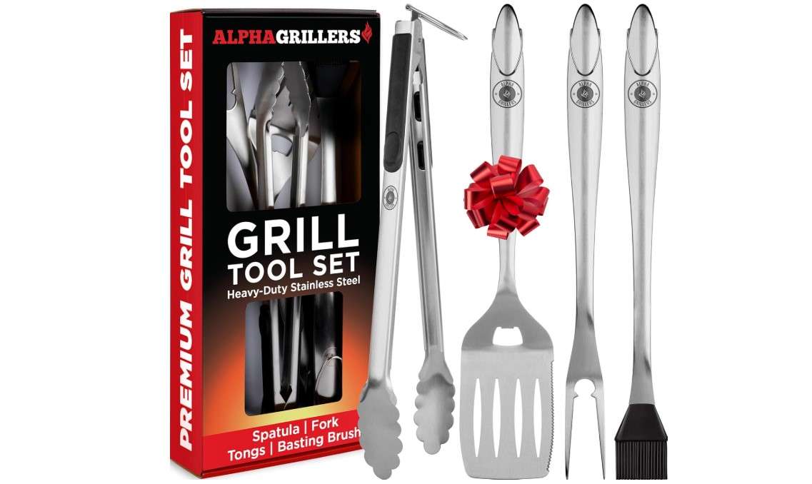 Alpha Grillers Grilling Accessories - BBQ Accessories Grill Gifts for Men Dad Him Husband Son Boyfriend Birthday - Barbecue Grilling Tools Utensils Set with Spatula, Fork, Brush, Tongs Kit
