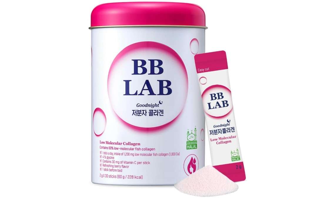 BB LAB Good Night Low Molecular Collagen Powder Stick Supplement, Halal Certified, Korean Marine Collagen, Fish Collagen Peptides, Vitamin C, Glycine, Fast Absorption, Mix Berry Flavor
