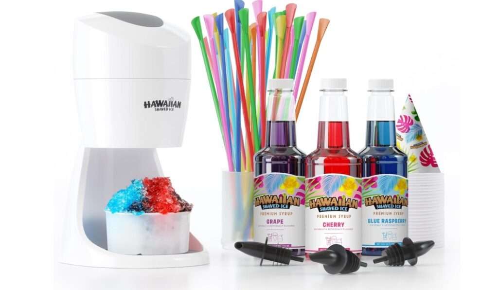 Hawaiian Shaved Ice Machine Kit - 3 Flavors, 25 Cups, Straws, Pourers, Ice Molds 