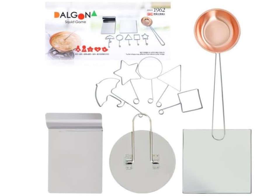 Korean Candy Making Kit - Complete 9-Piece Dalgona Kit with Shapes, Bottom Tray, Ladle, Press Tray, Dragger - Korean Candy Making Supplies for Home - Included Baking Soda 