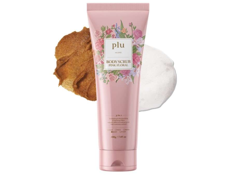 PLU Korean Walnut Body Scrub Pink Floral with Manuka Honey - Exfoliating & Moisturizing & Firming Glow - for Acne, Cellulite, Stretch Marks, Spider Veins, Fresh & Elegance Rose Scent 6.76 oz.
