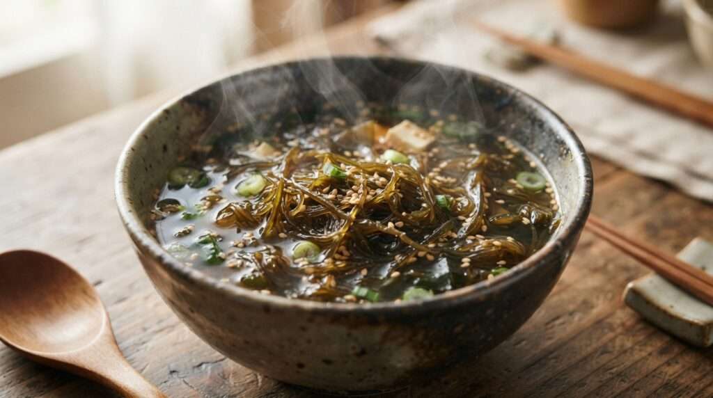 Close-up bowl of miyeok-guk seaweed soup with garnish