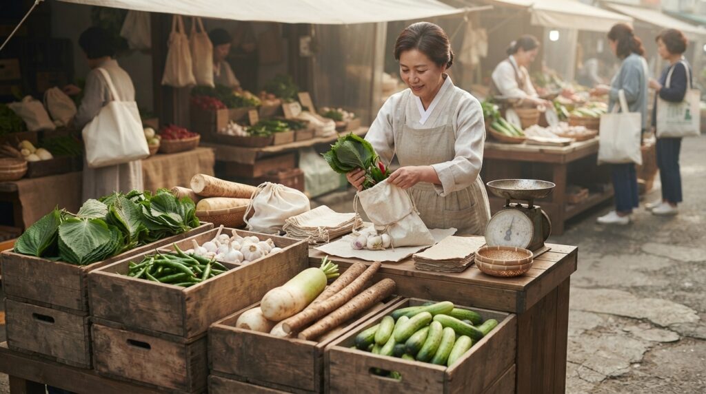 Vendor using eco-friendly packaging at a sustainable Seoul market