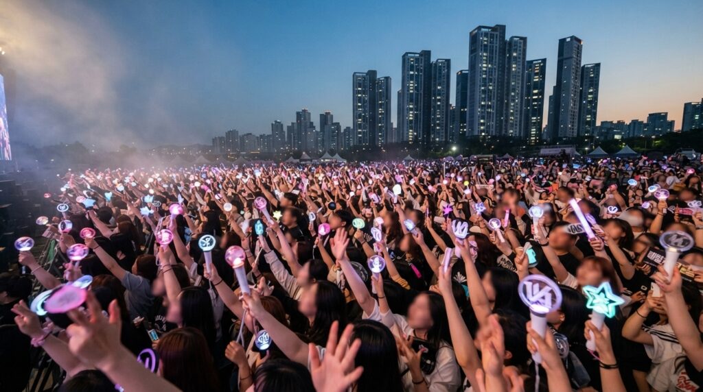 K-pop concert crowd with apartment backdrop highlighting real estate appeal