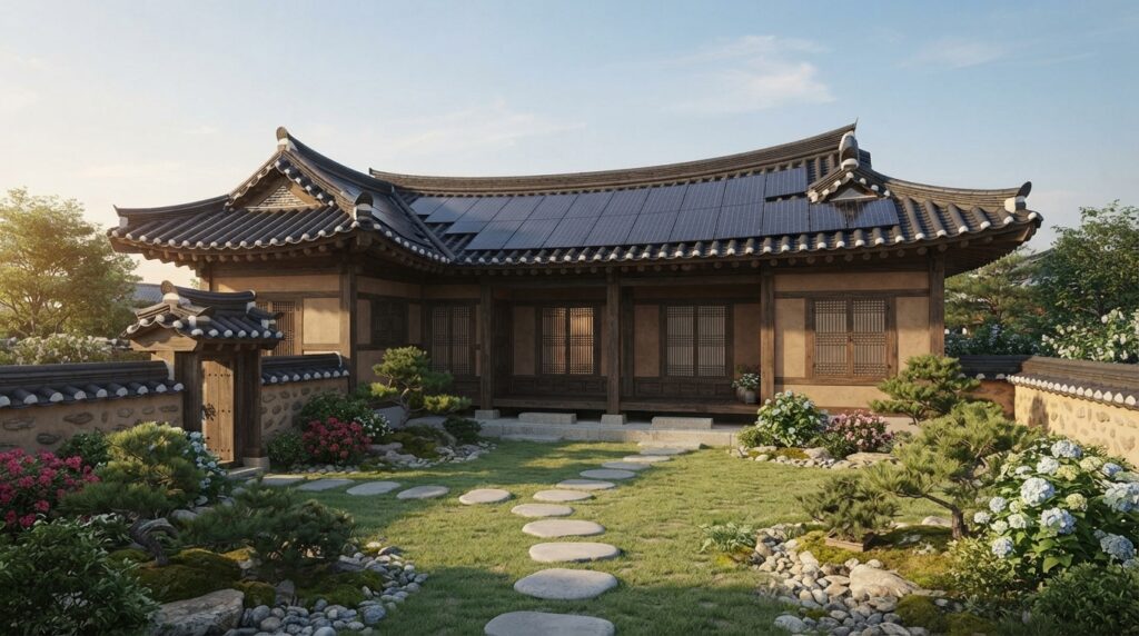Renovated hanok with solar panels showing modern-traditional blend