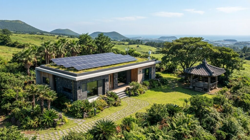 Jeju Island eco-friendly smart home with traditional pavilion