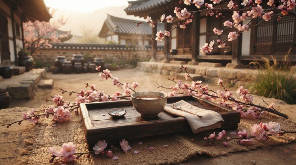 Hot plum tea served with plum blossoms in a hanok village
