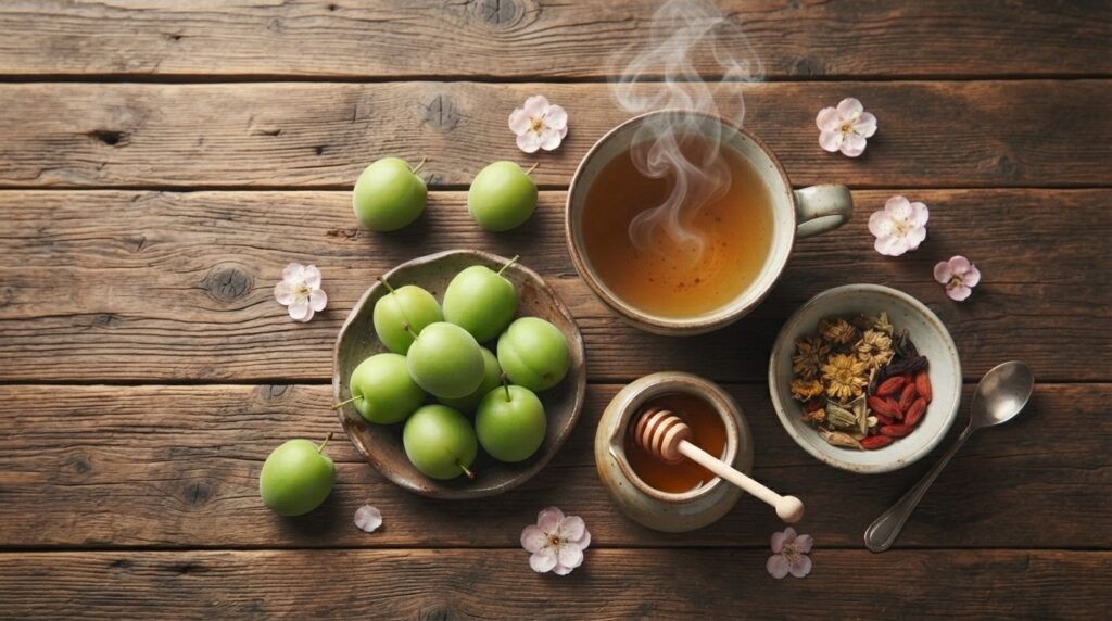 Green plums and tea ingredients showing plum tea health benefits
