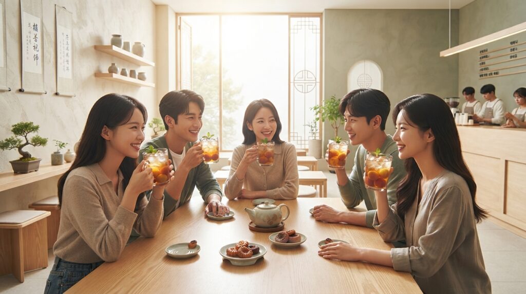 Friends enjoying iced plum tea in a modern cafe