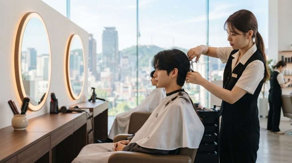 Stylist giving a Korean two-block haircut inspired by K-drama trends