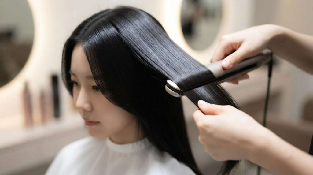 Glass hair trend showing sleek shiny straight hair in a Korean salon