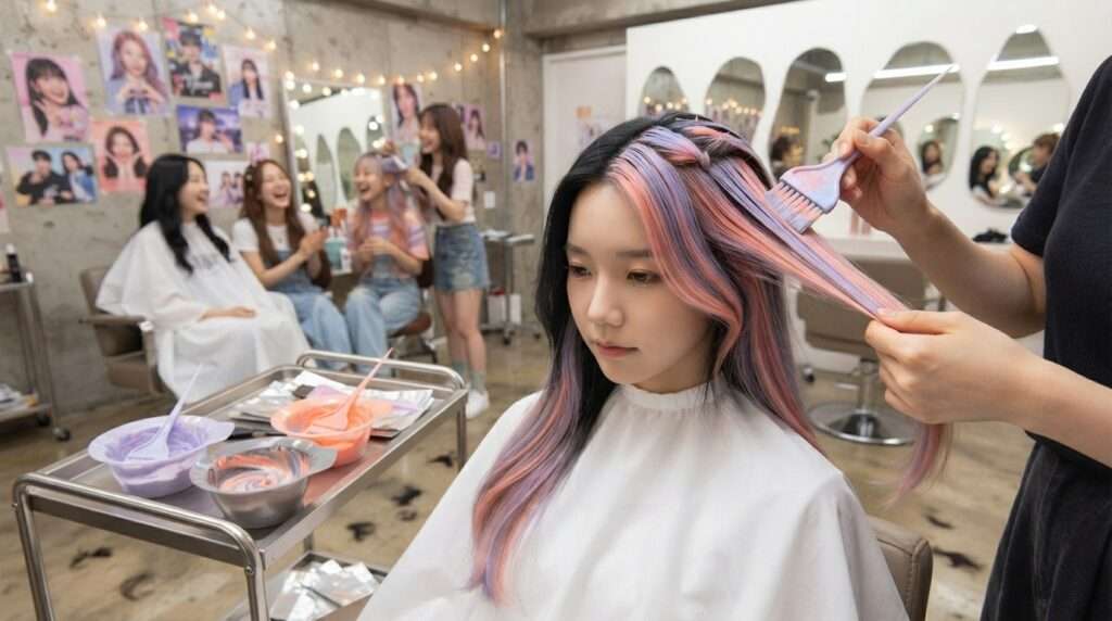 Stylist applying vibrant pastel hair color in a trendy Seoul salon