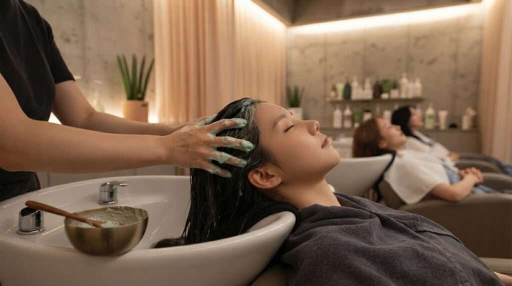 Scalp care treatment and massage at a hair salon