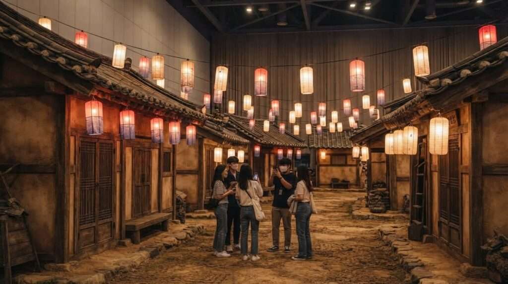 Fans exploring a recreated K-drama village set exhibit indoors