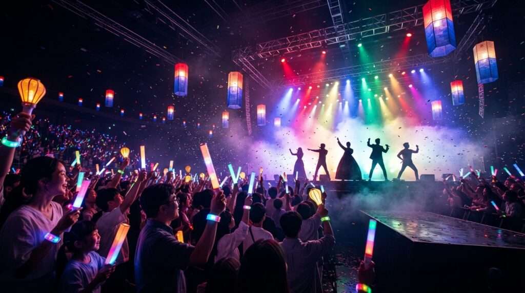 Concert crowd cheering with light sticks at a K-pop performance