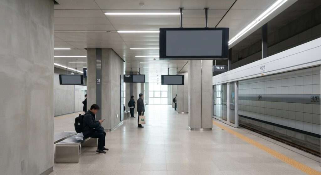 Modern subway platform with travelers heading toward an exhibition venue