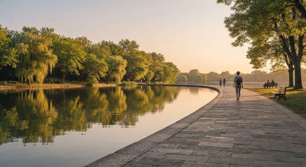 Serene lake park with walking trails near an exhibition center