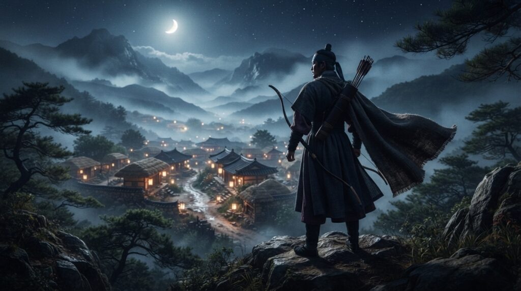 Hong Gil-dong style outlaw figure overlooking a Korean village at night