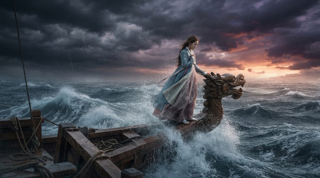Woman in hanbok at sea symbolizing the sacrifice of Shim Cheong
